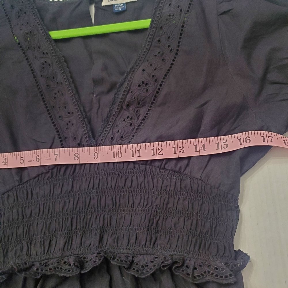 American Eagle Eyelet Tiered Smocked Lined Midi Dress Black Cottagecore NWOT M - Picture 14 of 16